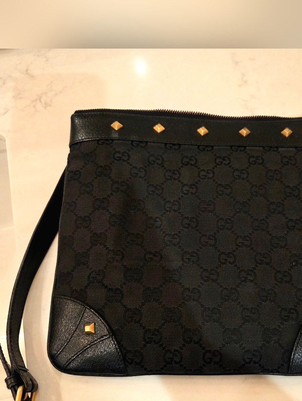 Black GG Monogram Shoulder Bag with Gold Stud Accents - Picture 10 of 16